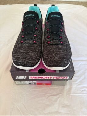 Skechers Women's Black Knit Slip-On Sneakers with Teal Collar and Pink Details